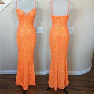 Neon Orange Sequin Formal Prom Evening Dress 6
